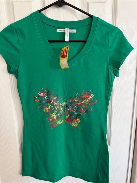 Reserved Tops - Reserved Green V-Neck Tee with Colorful Butterfly Graphic